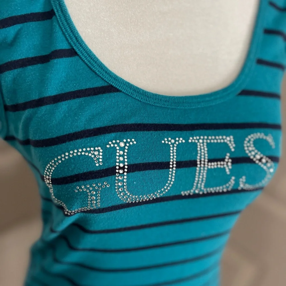 Guess dark teal & black striped tank top with rhinestone logo. Size XL. - Picture 2 of 8